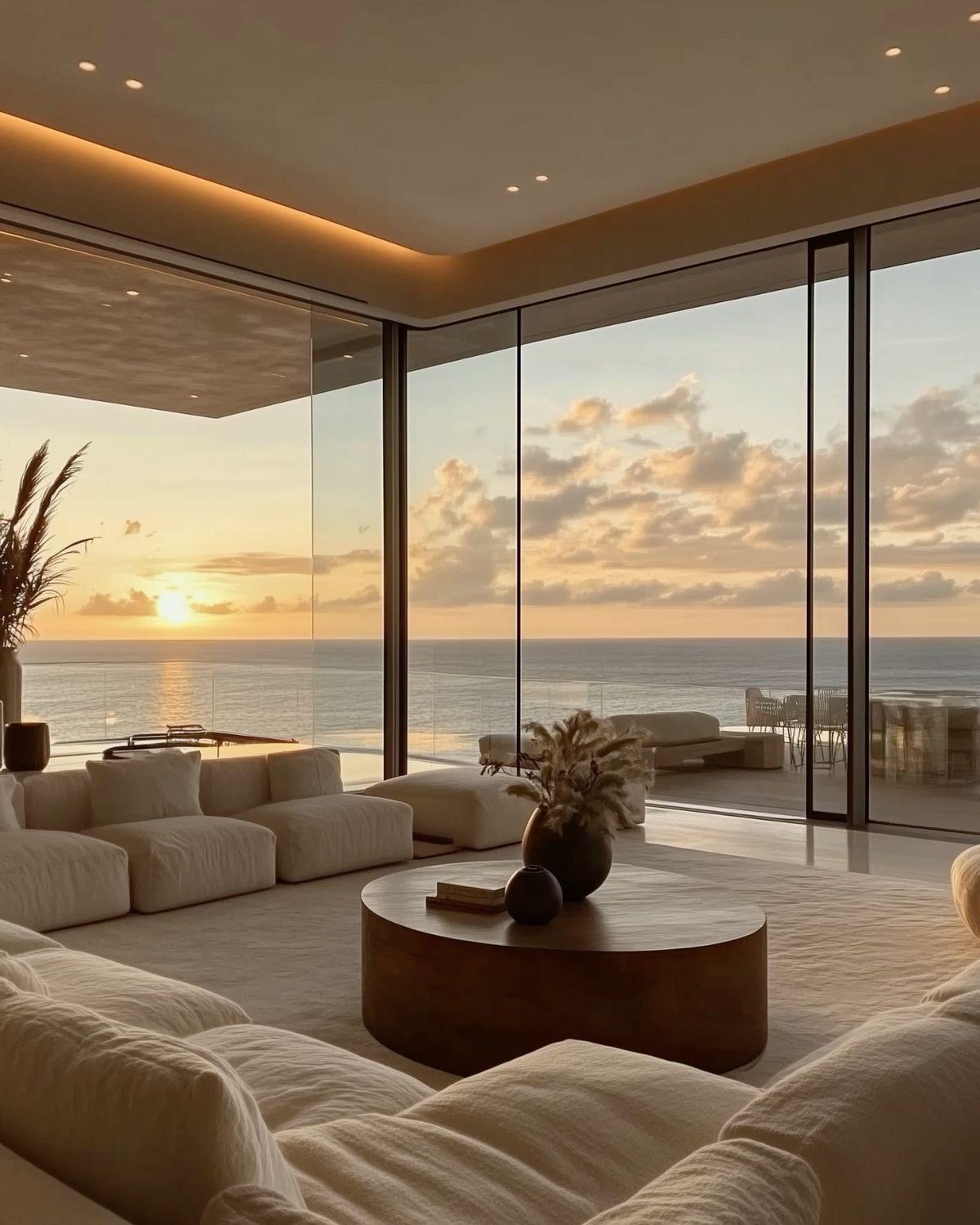 A sun-drenched living room with floor-to-ceiling ocean views at golden hour