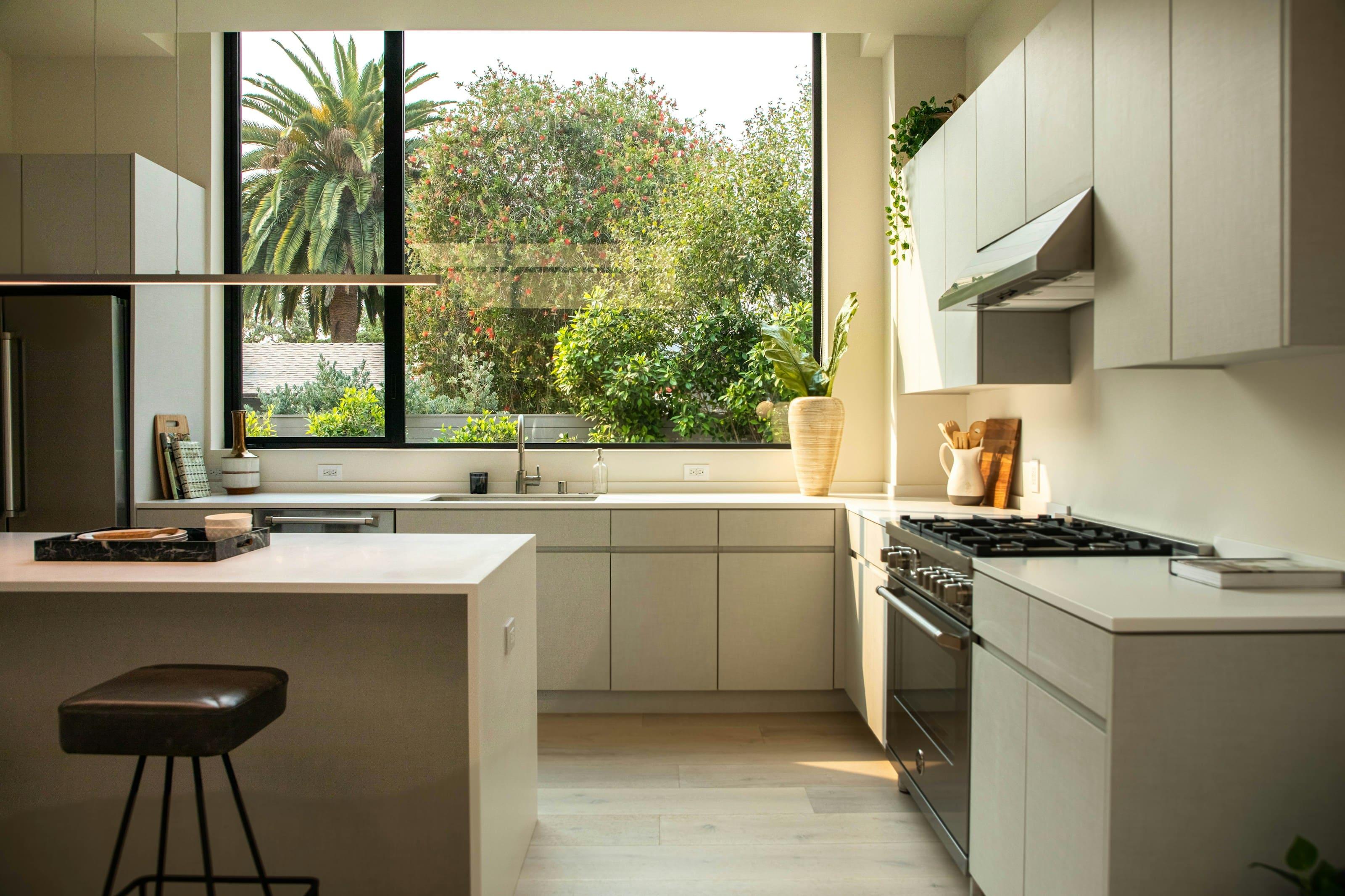 A warm, sunlit kitchen with wood accents and greenery — the kind of space we keep spotless